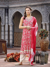 Women's Pink Printed & Embroidered Cotton Anarkali Kurta Pant Dupatta Set-KPDPINKHIMANI